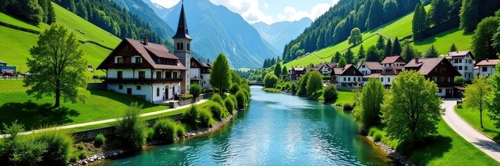 Fototapeta premium Beautiful Swiss landscape featuring a winding river stream passing through quaint houses and charming countryside scenery, tourism, landscape