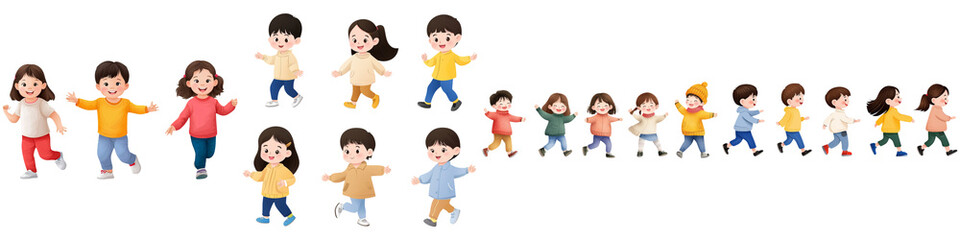 Obraz premium Friendship activities kindergarten, A series of playful cartoon children in colorful clothing, engaged in various cheerful activities and expressions.