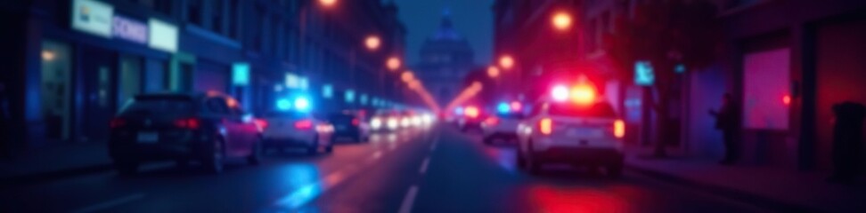 Blurred background of police flashing lights illuminating crime scene,  siren,  crime scene tape