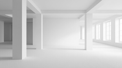 Fototapeta premium A large blank frame hangs on a white wall in a minimalist room. Minimalist Art Gallery Backdrop with Empty Frames