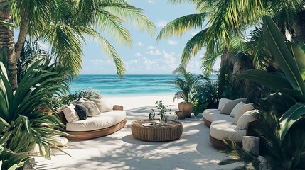 Fototapeta premium Elegant coastal patio, plush seating surrounded by lush greenery, turquoise sea and white sand in view, palms dancing in breeze, bright natural light 
