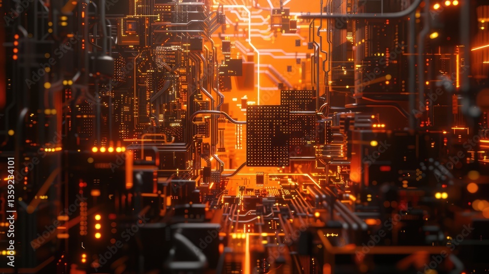 Poster explore an abstract representation of a computer network with glowing orange elements. ideal for tec