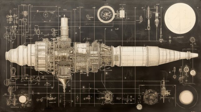 An exploded-view blueprint of a space engine, with each component precisely outlined in antique white lines