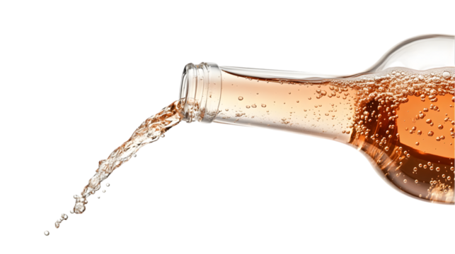 Rose wine flowing from an upturned bottle with bubbles visible inside