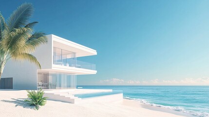 Fototapeta premium Elegant modern beach house, crisp white facade with open spaces, palm trees and golden sand meeting turquoise waves, clear skies enhancing the scene 