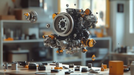 An exploded view of a futuristic car engine with individual parts floating in a high-tech lab