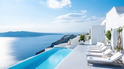 Fototapeta premium Elegant modern hotel, white facade glowing in sunlight, pool shimmering on a sundeck with sunbeds overlooking the calm sea 