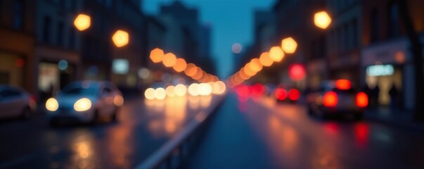 Blurred city lights creating a bokeh effect with bright round glowing balls,  illumination,  background