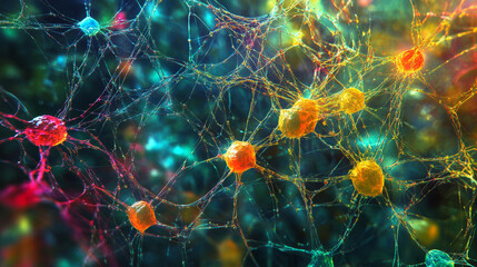 Abstract neural network 3D illustration. Big data concept. Global database and artificial intelligence. Bright, colorful background with bokeh effect