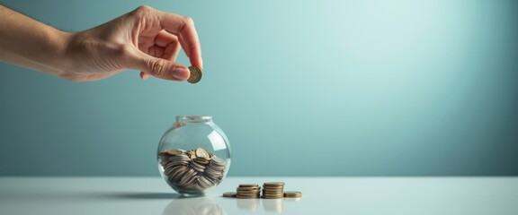 A graceful hand hovers above a clear glass jar filled with shiny coins, poised to drop in another gleaming piece. The scene radiates a sense of financial growth and aspiration, with the soft blue
