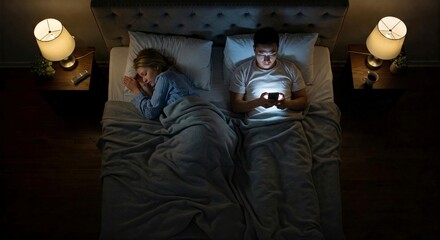 Female Partner Trying to Fall Asleep. Couple After Fight, Argument. Addictive World of Social Media, Doom Scrolling, Fake News