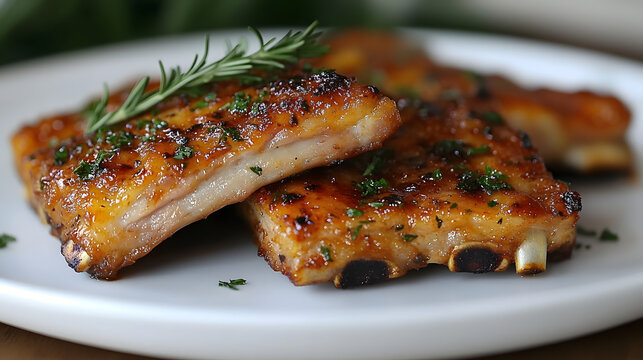 Mouthwatering BBQ Ribs: Close-up of delicious, tender BBQ ribs seasoned with herbs, artfully presented on a plate, evoking hunger and taste appeal. 