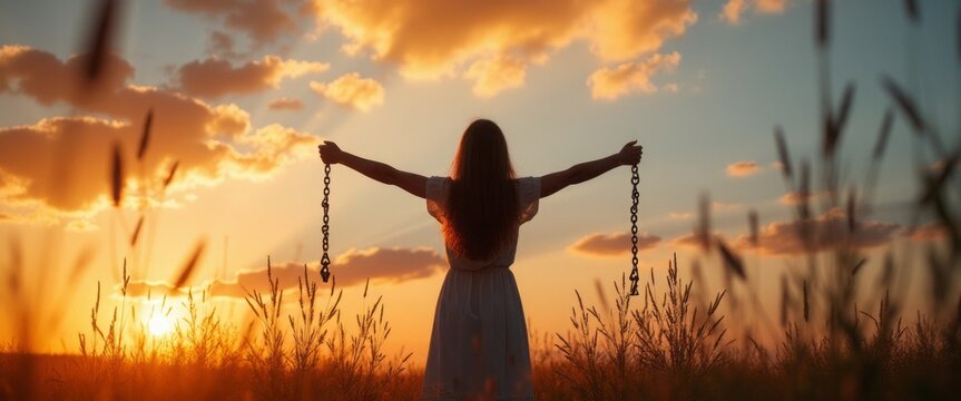 A silhouette of a woman stands in a golden field, arms outstretched, holding broken chains as the sun sets behind her, casting a warm glow across the sky. This powerful image captures the essence of