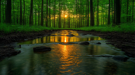 A forest stream reflects the sunlight flowing between the trees The water ripples gently over stones on its way throug