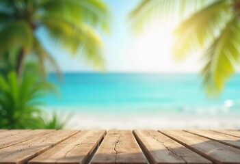 Obraz premium Relaxing summer vibes present as a wooden table welcomes guests amidst lush palm leaves, with gentle ocean waves lapping at the shore in the background Generative AI
