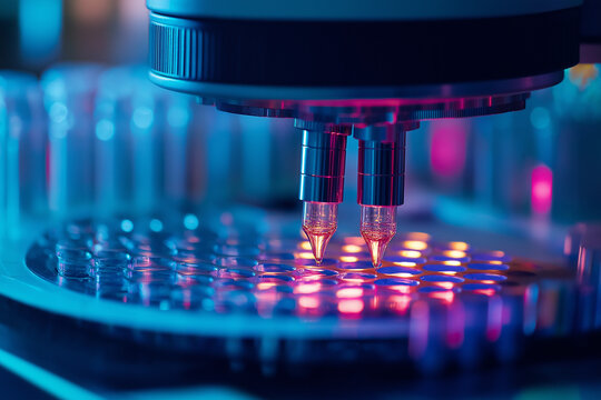 Close-up of a DNA sequencing machine, emphasizing the advancements in biotechnology and genetics