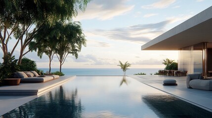 Elegant villa with infinity-edge pool, ocean breeze evident in lush tropical surroundings, modern furnishings, soft pastel sky backdrop 