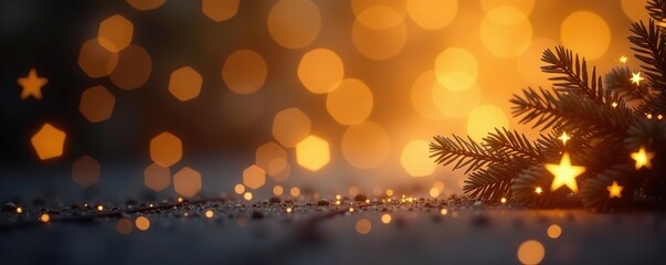 Fototapeta premium Blurred gold bokeh background with glowing stars and garlands, blinking, glitter