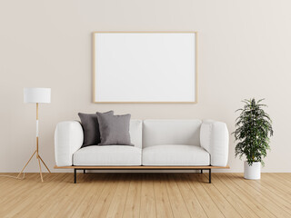 Modern Living Room with White Sofa, Plant and Picture Frame