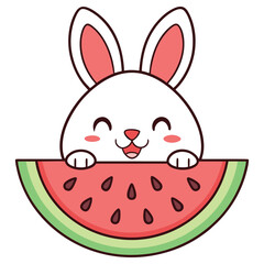 Smiling Cartoon Bunny with Pink Ears Hugging a Slice of Watermelon, Isolated on White