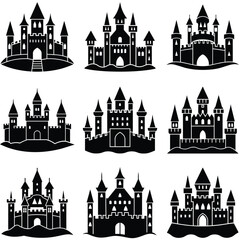 Obraz premium Collection of Black and White Castle Silhouettes