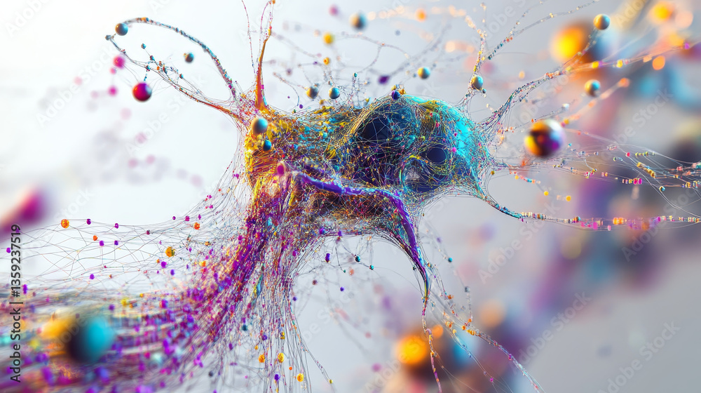 Poster neural network 3d illustration. abstract big data concept. global database and artificial intelligen