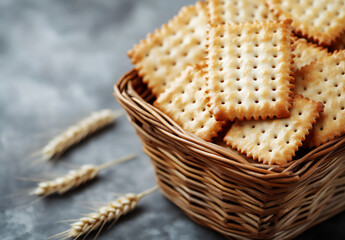 a basket of golden rice crackers with wheat ears on the edge, top view. the product is placed in front of a gray background.