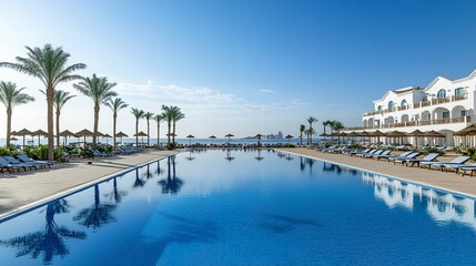 Obraz premium Elegant white beach resort, large pool reflecting the clear blue sky, sunbeds neatly arranged on a sundeck facing the sea, tranquil and inviting 