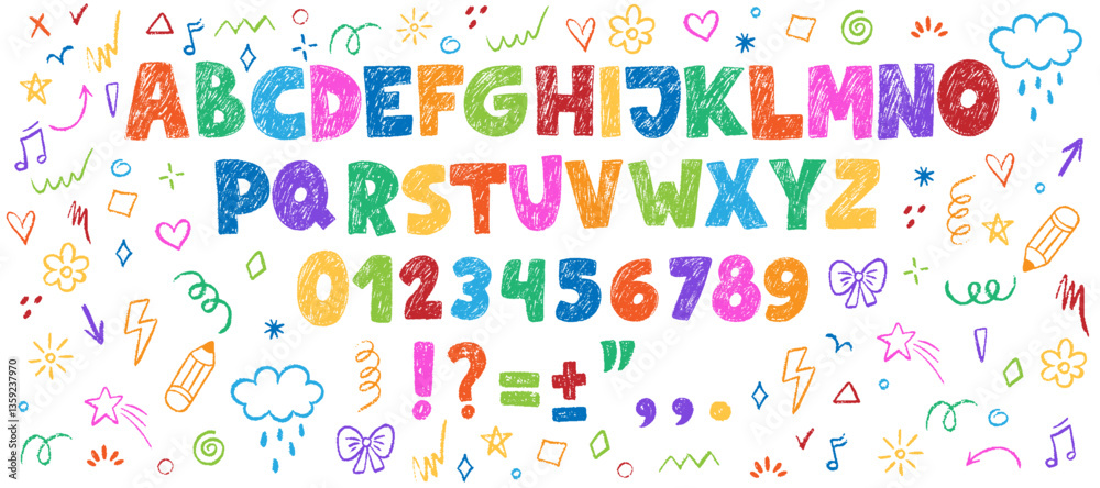 Fototapete crayon kids font, doodle funny playful alphabet. hand drawn scribble kid typescript numbers, blobs. 