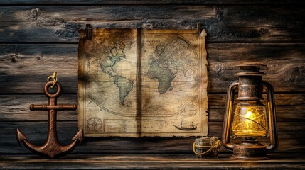 A conceptual vintage adventure desk with an open map, a rusted anchor, and an enchanted glowing lantern