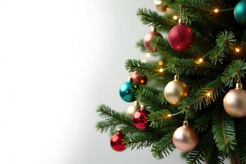 Festive Christmas tree adorned with colorful ornaments and twinkling lights isolated on white background,  holiday,  festive