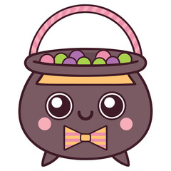 Kawaii Halloween Cauldron Bucket with Cute Face, Candy, Bowtie, Pink Handle