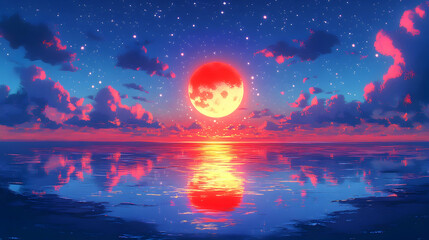 A full moon with a pink glow over a serene sea stars and pink clouds fill the sky with a light reflection in the water