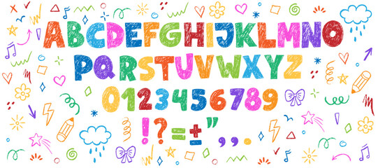 Crayon kids font, doodle funny playful alphabet. Hand drawn scribble kid typescript numbers, blobs.  School wax abc, cute kindergarten handwriting playful letters. Color pencil children font