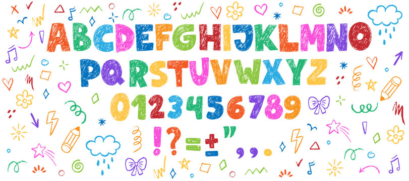 Crayon kids font, doodle funny playful alphabet. Hand drawn scribble kid typescript numbers, blobs.  School wax abc, cute kindergarten handwriting playful letters. Color pencil children font