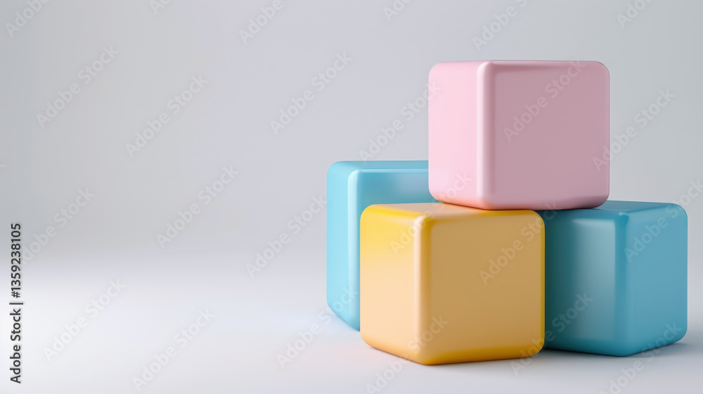 Aufkleber three colorful cube blocks in pastel shades of pink, yellow, and blue are stacked in minimalist styl