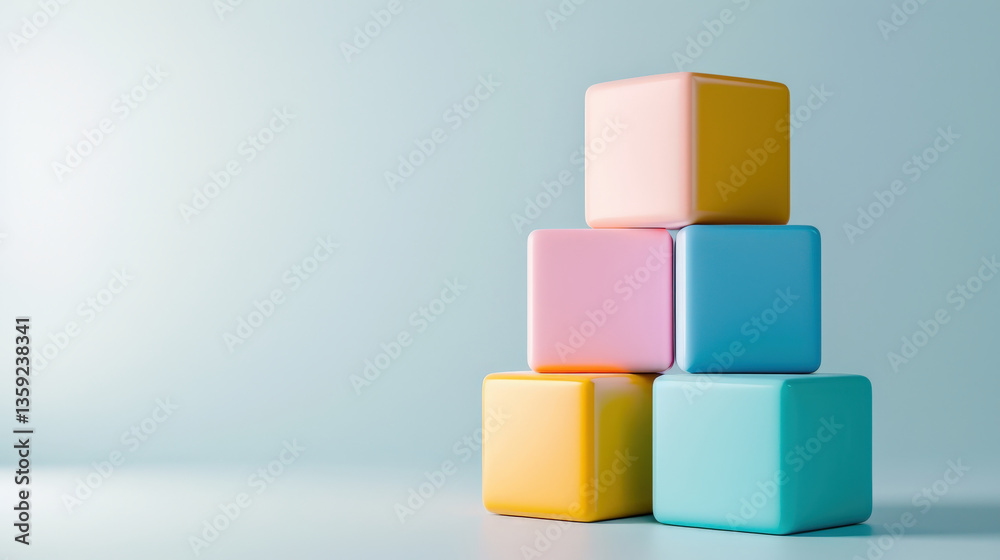 Poster stack of five colorful, smooth cubes is arranged against soft gradient background, creating minimalist and playful composition. cubes are in pastel shades of pink, yellow, blue, and orange
