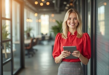 A cheerful young woman stands in a stylish office corridor, holding a tablet and radiating positivity. Her vibrant red blouse contrasts beautifully with the sleek, contemporary surroundings, while