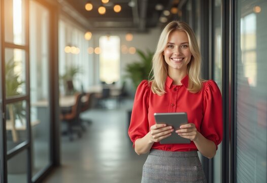 A cheerful young woman stands in a stylish office corridor, holding a tablet and radiating positivity. Her vibrant red blouse contrasts beautifully with the sleek, contemporary surroundings, while