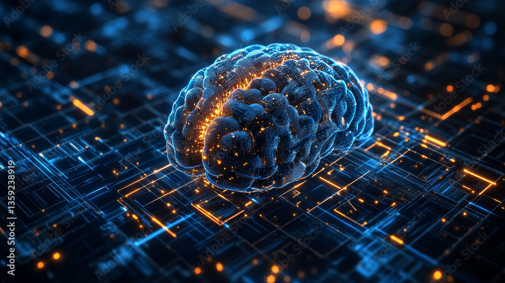 Poster artificial intelligence. computer mind. quantum processor abstract concept 3d illustration. digital 