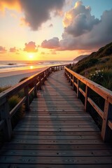 Obraz premium Empty wooden walkway on ocean coast during sunset, leading to beach, scenic, water