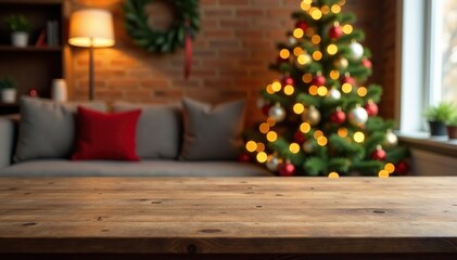 Empty wood table top with abstract warm living room decor, Christmas tree blur background, bokeh light, holiday backdrop, mock up banner, advertise product, luxury house,  advertise product,  warm