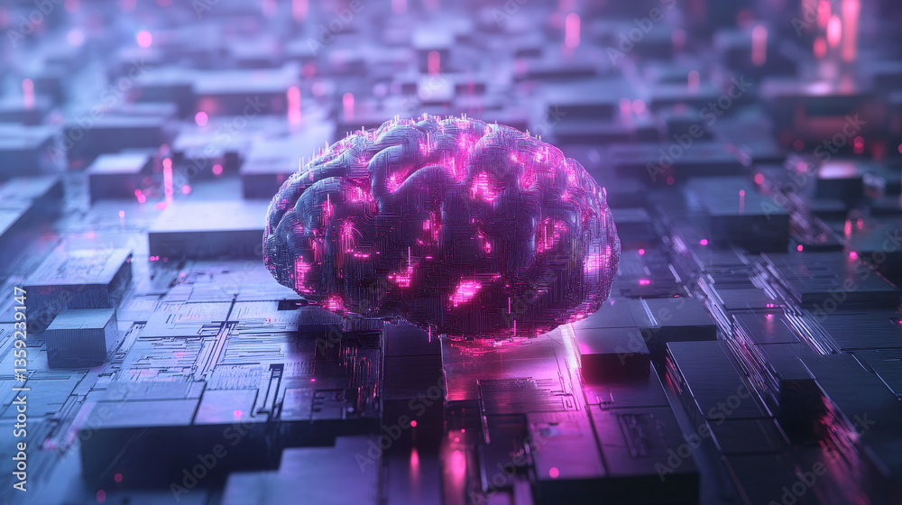 Poster artificial intelligence. computer mind. quantum processor abstract concept 3d illustration. digital 