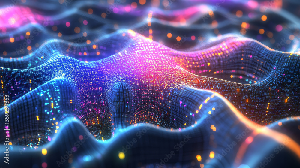 Poster neural network 3d illustration. big data and cybersecurity. data stream. global database and artific