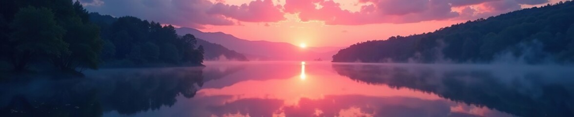 Fototapeta premium Enchanting evening glow reflected in tranquil lake, creating a mystical ambiance, outdoors, serene