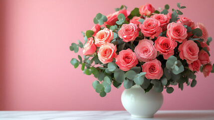Obraz premium a beautiful floral arrangement of roses and eucalyptus on a white marble table against a pink wall background.