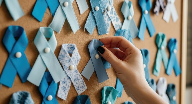 Female hand pinning blue ribbons on board for cancer awareness