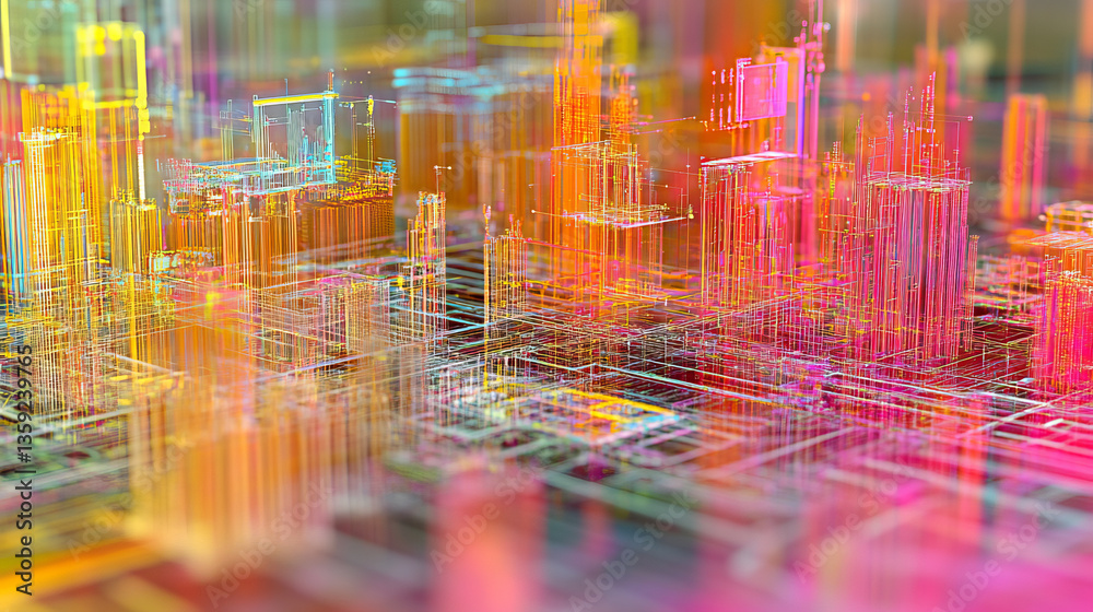 Poster neural network 3d illustration. big data and cybersecurity. data stream. global database and artific