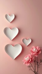 A soft pink backdrop cradles four elegant white heart-shaped dishes, each varying in size, creating a whimsical cascade. Below, delicate pink flowers with lush petals add a touch of romance and warmth