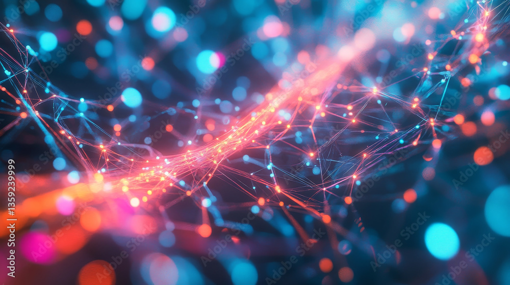 Poster neural network 3d illustration. big data and cybersecurity. data stream. global database and artific